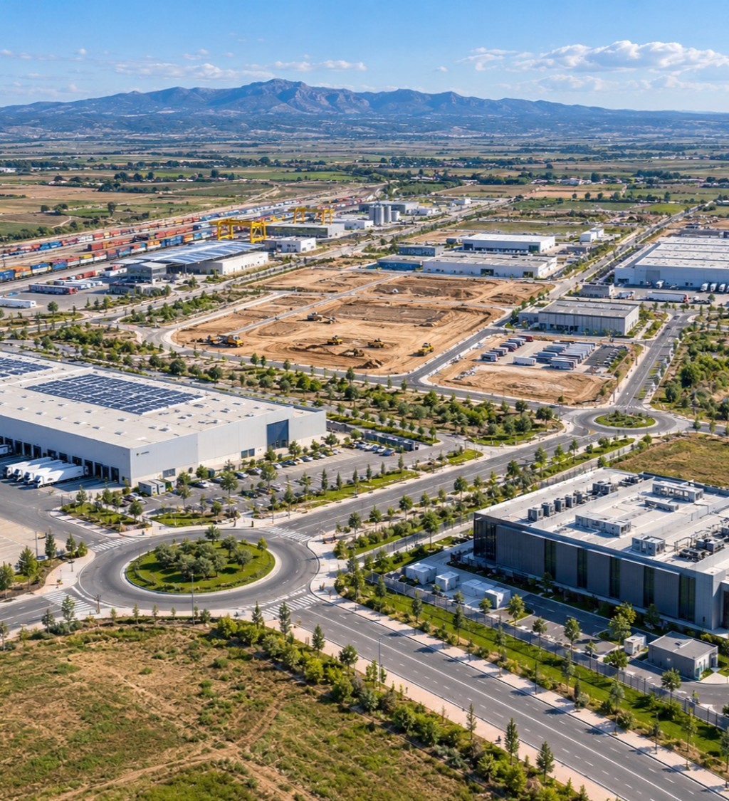Vista aérea de un parque logístico e industrial con naves, viales y zonas en construcción